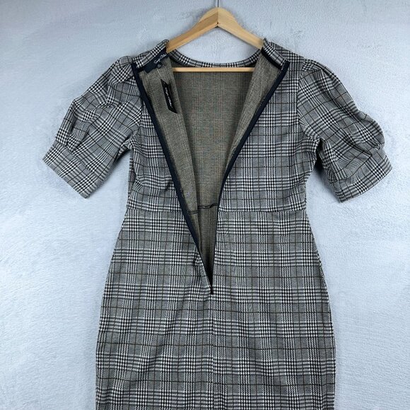 Sonja Betro Sheath Mini Dress Houndstooth Puff Sleeves Womens Gray Size X Large - Picture 3 of 13